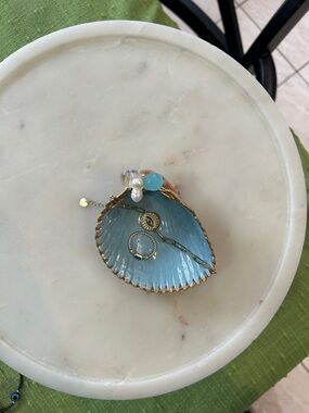 One of a Kind Beach Blue Shell Trinket Tray with Pretty Bead Stone accents